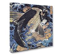 Fighting a Giant Carp by Utagawa Kuniyoshi Canvas Print | Gallery Wrapped 30mm Frame Wall Art | 20x20 inches | Ready to Hang | Modern Picture | Living Room Bedroom Lounge Office