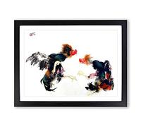 Fighting Cocks By Takeuchi Seiho Asian Japanese Framed Print | A2 Black Framed Wall Art | Ready to Hang | Asian Nature Picture | Living Room Bedroom Lounge Office
