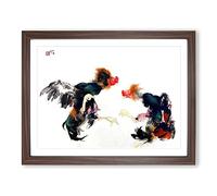 Fighting Cocks By Takeuchi Seiho Asian Japanese Framed Print | A3 Walnut Framed Wall Art | Ready to Hang | Asian Nature Picture | Living Room Bedroom Lounge Office
