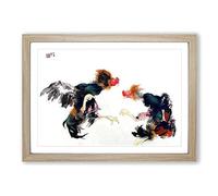 Fighting Cocks by Takeuchi Seiho Framed Print | A2 Oak Framed Wall Art | Ready to Hang | Modern Nature Picture | Living Room Bedroom Lounge Office
