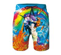 Fighting Unicorn Swim Trunks for Men 3D Print Colorful Rainbow Stretchy Waist Long Board Shorts with Drawstring Young Man Tropical Hawaiian Vacation Swimwear Knee Length Fashion Beachwear, Blue Sky L,