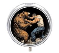 Fighting with Bear Round Pill Box Organiser 3 Compartment Portable Medicine Case