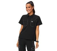 FIGS Saiya Cargo Scrub Top for Women - Classic Fit, 3 Pocket, Collared, Anti-Wrinkle, Moisture-Wicking, 4-Way Stretch, Black/White, XL