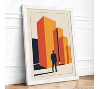 Figure Among Towers Mid-Century Framed Wall Art Print A3 (42×29.7cm) White, Wall Decor for Living Room, Bedroom, Office & Home, Ready to Hang, Art Gift