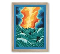 Figure Facing Fire Modern Framed Wall Art Print A1 (84.1×59.4cm) Oak, Wall Decor for Living Room, Bedroom, Office & Home, Ready to Hang, Art Gift