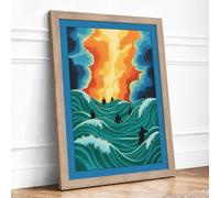 Figure Facing Fire Modern Framed Wall Art Print A3 (42×29.7cm) Oak, Wall Decor for Living Room, Bedroom, Office & Home, Ready to Hang, Art Gift