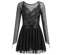 Figure Skating Dress for Women Butterfly Sequin Mesh Sleeve Teen Ice Skater Outfits Rhythmic Gymnastics Chiffon Dress, Black Sequins, L
