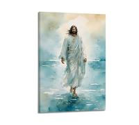 Figure Walking On Water In Watercolor Style Wall Art, Peaceful Religious Decor For Home And Prayer Room Poster Decorative Painting Canvas Wall Posters And Art Picture Print Modern Family Bedroom Decor