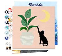 Figured'Art Mini Paint by Numbers Kit for Adults with Frame Cat Plays with Plant in The Moonlight Small Format 20x20cm - Craft Art Painting DIY Canvas Already Stretched on a Wooden Frame