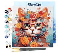 Figured'Art Mini Paint by Numbers Kit for Adults with Frame Fantasy Cat and Flowers Small Format 20x20cm - Craft Art Painting DIY Canvas Already Stretched on a Wooden Frame