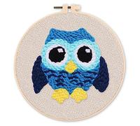 Figured'Art Punch Needle kit for Adults - Embroidery Perfect for Beginners - Blue Owl - 20x20cm with Circular Frame