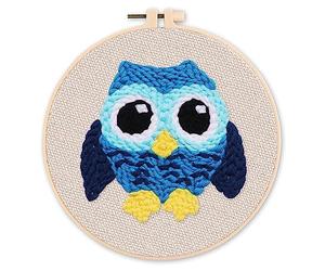Figured'Art Punch Needle kit for Adults - Embroidery Perfect for Beginners - Blue Owl - 20x20cm with Circular Frame