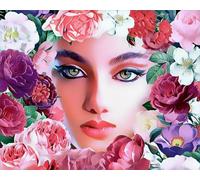 Figured'Art Stamped Cross Stitch Kit 32x40cm - Woman Face and Flowers - Complete Pre-Printed Cotton Aida Canvas 11 CT - Perfect for Adults and Beginners