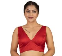 FIGURE'S DESIGNER Women's Dupion Raw Silk Sleeveless V Neck Sabyasachi Cut Readymade Saree Blouse Padded Stitched S4, Red, 36