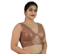 FIGURE'S DESIGNER Women's Sequin Embroidered Premium Net Fabric Sleeveless V Neck Sabyasachi Cut Readymade Saree Blouse E20, Brown, 38
