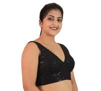 FIGURE'S DESIGNER Women's Sequin Embroidered Premium Net Fabric Sleeveless V Neck Sabyasachi Cut Readymade Saree Blouse E20, Black, 42