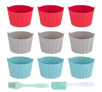 FIHODONE 11 PCS Silicone Muffin Cases, Silicone Moulds for Air Fryer Reusable Moulds, Ramekins for Air Fryer Accessories Cake Cases, with Brush and Spatula (Red&Gray&Blue)