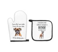 FIicy Boxer Dog Gifts Oven Mitts and Pot Holders Sets, Boxer Dog Decor Kitchen Accessories Sets, Complete Without a Boxer Dog Heat Resistant Oven Glove Potholders for Kitchen Baking Cooking