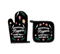 FIicy Funny Black Oven Mitts and Pot Holders Sets, Housewarming Gifts Kitchen Accessories Sets, Hostess Gifts,Whatever Happens We're Eating It Heat Resistant Oven Glove Potholders for Kitchen Cooking