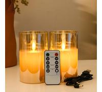 FiiMoo 2-Pack USB-Rechargeable LED Candles | Brown Glass Design with Realistic Flicker Flame | 24h Timer&Remote Control | Battery-Free | Flameless LED Candles for Halloween, Christmas | 12.5 cm Height