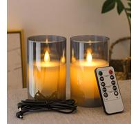 FiiMoo 2-Pack USB-Rechargeable LED Candles | Grey Glass Design with Realistic Flicker Flame | 24h Timer & Remote Control | Battery-Free | Flameless LED Candles for Halloween, Christmas | 10 cm Height