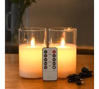 FiiMoo 2-Pack USB-Rechargeable LED Candles | White Glass Design with Realistic Flicker Flame | 24h Timer & Remote Control | Battery-Free | Flameless LED Candles for Halloween, Christmas | 15 cm Height