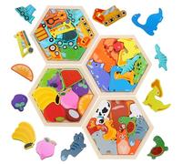 FIIOEOY Wooden Jigsaw Puzzle Montessori Toys for Toddlers 1 2 3 Year Old | 4 Pack Baby Puzzles Hexagon Educational Learning Toy for 1 2 3 Year Old Boys Girls, Animal/Dinosaur/Fruit/Vehicle