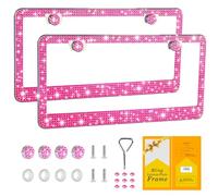 FIISFIIS Bling License Plate Frame for Women,2 Pack Premium Stainless Steel Rhinestone Car License Plate Holder,Handmade Glitter Crystal Diamond Lincense Plate Cover,Bedazzled Sparkly Caps-Pink