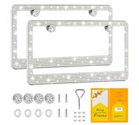 FIISFIIS Bling License Plate Frame for Women,2 Pack Premium Stainless Steel Rhinestone Car License Plate Holder,Handmade Glitter Crystal Diamond Girl Lincense Plate Cover,Bedazzled Sparkly Caps-White