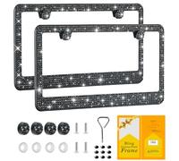 FIISFIIS Bling License Plate Frame for Women,2 Pack Premium Stainless Steel Rhinestone License Plate Holder,Handmade Glitter Crystal Diamond Girl Lincense Plate Tag Cover,Bedazzled Sparkly-Black