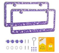 FIISFIIS Bling License Plate Frame for Women,2 Pack Premium Stainless Steel Rhinestone License Plate Holder,Handmade Glitter Crystal Diamond Lincense Plate Cover for Girl,Bedazzled Sparkly Caps-Violet