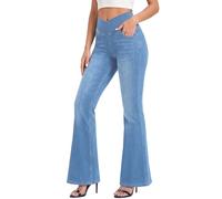Fiita Knit Crossover Stretchy Pull on Jeans for Women Tummy Control Bell Bottom Jeans High Waisted Wide Leg Flare Pants Jeggings with Pockets Y2k Butt Lifting Jeggings Light Blue