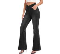Fiita Knit Crossover Stretchy Pull on Jeans for Women Tummy Control Bell Bottom Jeans High Waisted Wide Leg Flare Pants Jeggings with Pockets Y2k Butt Lifting Jeggings Dark Grey
