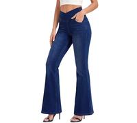 Fiita Knit Crossover Stretchy Pull on Jeans for Women Tummy Control Bell Bottom Jeans High Waisted Wide Leg Flare Pants Jeggings with Pockets Y2k Butt Lifting Jeggings Dark Blue