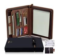 FiitCASE Genuine Leather Portfolio Gift Set with Zipper Closure-Complete Business Document Organizer for Meetings & Interviews, for A4 & iPad, Professional Padfolio with Gift Box & Card(Brown)