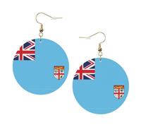 Fiji Flag Round Leather Earrings Gold, Double-Side Printed Drop Dangle Jewelry for Women, for Festival Party Gift