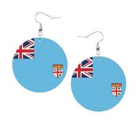 Fiji Flag Round Leather Earrings White, Double-Side Printed Drop Dangle Jewelry for Women, for Festival Party Gift