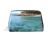 Fiji Island and Clear Sea Makeup Bag for Women Cosmetic Bags Leather Travel Makeup Case Organizer Waterproof Make up Pouch Open Flat Toiletry Bag Portable Storage Pouch for Travelling, Silver, One