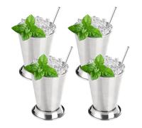 Fijinhom 12oz Mint Julep Cups with Straws Set of 4, Stainless Steel Beaded Mint Julep Cups, Mint Julep Glasses for Cocktails Mixed Drinks, Metal Cups for Beer Juice Beverage Party Bar Home Restaurant