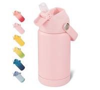 Fijinhom 360ml/12oz Kids Water Bottle for School, Toddler Cup with Straw & Handle, 304 Stainless Steel Insulated Water Bottle, Non-Slip Silicone Base, BPA Free,Pink