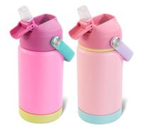 Fijinhom Kids Water Bottle, 360ml/12oz, Stainless Steel Insulated Water Bottle with Straw, Vacuum Leakproof, Kids Water Bottles for School Boys Girls,BPA Free,Rose Red + Charm Pink 2 Piece Set