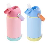 Fijinhom Kids Water Bottle, 360ml/12oz, Stainless Steel Insulated Water Bottle with Straw, Vacuum Leakproof, Kids Water Bottles for School Boys Girls,BPA Free,Sky + Charm Pink 2 Piece Set