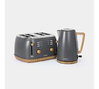 VonShef Kettle and Toaster Set - Scandi 1.7L Rapid Boil Kettle 3000W & 4 Slice Wide Slot Toaster 1500W with 6 Browning Controls & High Lift - Nordic Grey and Wood Accents - Fika Range
