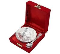FIKIMOS Aluminium -Silver Plated Small Bowl Set with Spoon Size - 3.5 Inch Diameter Bowl, capacity -100 ml /3.38 OZ -30 Grams bowl weight