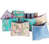 FIKIMOS Floral Print Quilted Cosmetic Pouches 8X6 Inches Unique Mix Assorted Cotton Multicolor Design 2 Pcs Make Up Organizer Currency Bag Storage Bags With Zipper Closure