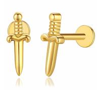 Fiklon 2Pcs 16G Stainless Steel Stud Earrings - Flat Back Tiny Sword Dagger Helix Cartilage Tragus Conch Piercing Jewelry for Women, 16G,6mm, Stainless Steel Metal, No Gemstone