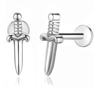 Fiklon 2Pcs 16G Stainless Steel Stud Earrings - Flat Back Tiny Sword Dagger Helix Cartilage Tragus Conch Piercing Jewelry for Women, 16G,6mm, Stainless Steel Metal, No Gemstone