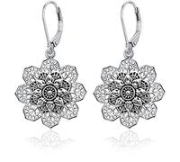 Fiklon Boho Vintage Flower Earrings for Women, Silver Leverback Hollow Bohemian Dangle Drop Earrings Mandala Tribal Floral Earring Western Indian Jewelry, 43mm x 25mm, White Gold, No Gemstone