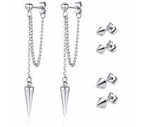 Fiklon Goth Dangle and Stud Earrings for Women, 3 Pairs Stainless Steel Cartilage Earrings for Multiple Piercing Stackable Black Earrings Set Spike Grunge Punk Accessories for Gothic Outfits Jewelry
