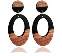 Fiklon Wood Earrings for Women, Wooden Earrings Dangle Brown Black Round Geometric Simple Lightweight Resin Drop Statement Earrings, Wood Resin, No Gemstone